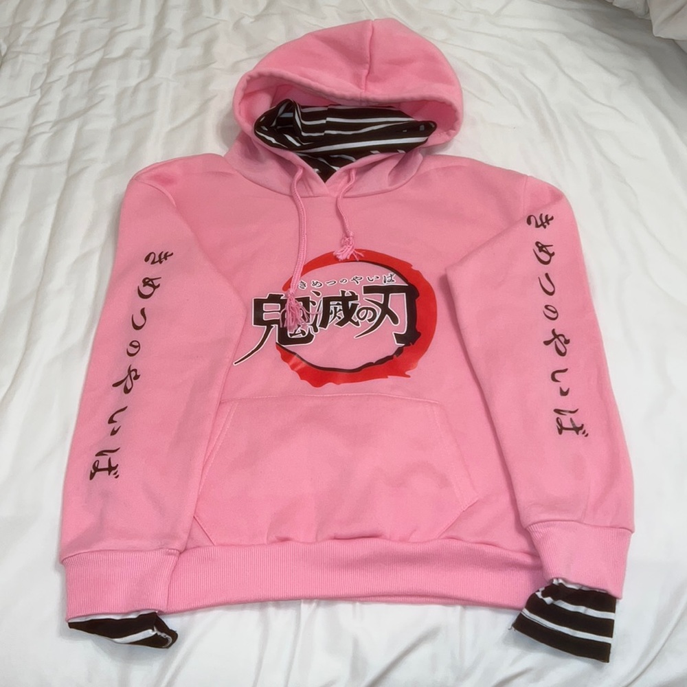 Women’s Demon Slayer Japanese logo Nezuko hoodie and turtleneck pink Medium